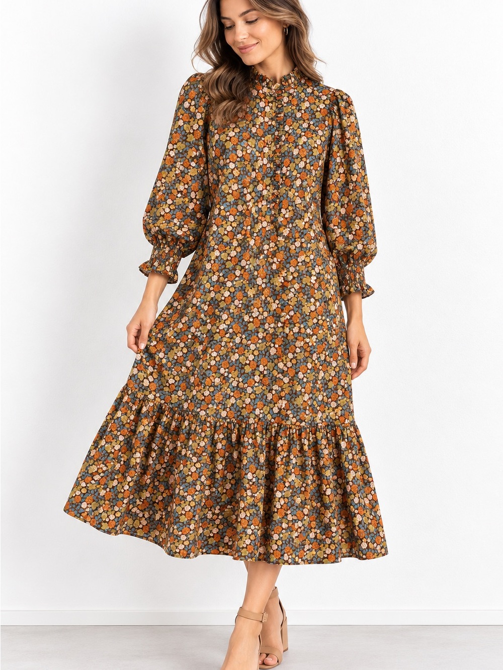 High-Neck Floral Midi Dress - Brown Multi